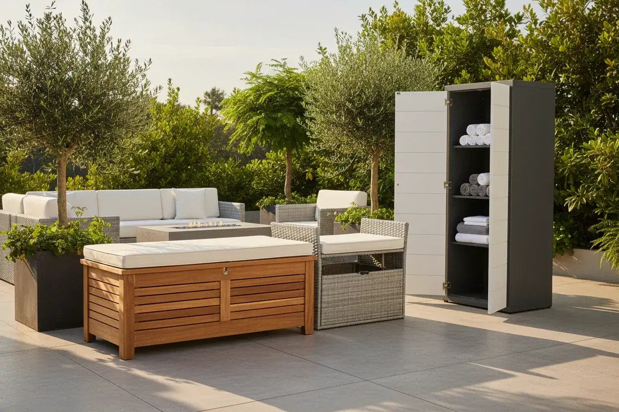 Modern wicker patio sofa and wooden storage chest on a terrace at The Outdoor Furniture Market