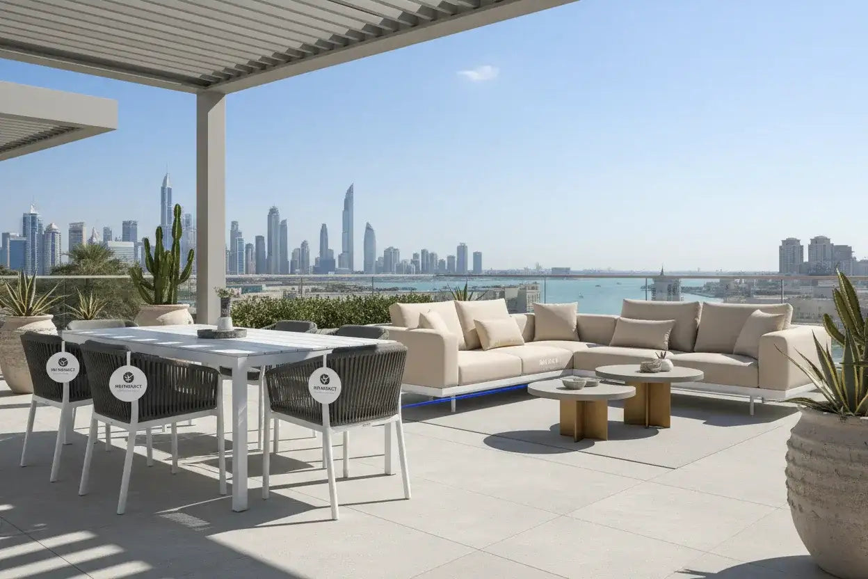 Modern outdoor dining set and lounge sofa on a luxury terrace at The Outdoor Furniture Market.