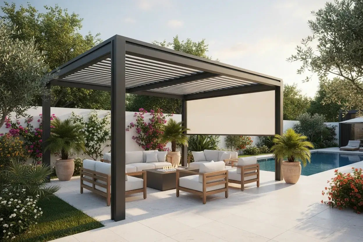 Modern black aluminum pergola with outdoor lounge seating and pool at The Outdoor Furniture Market