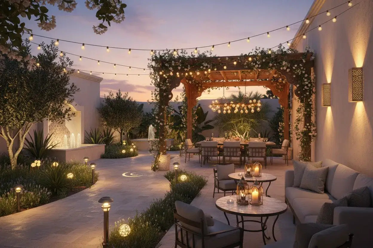 Elegant outdoor dining area with pergola, string lights, and lounge seating at The Outdoor Furniture Market