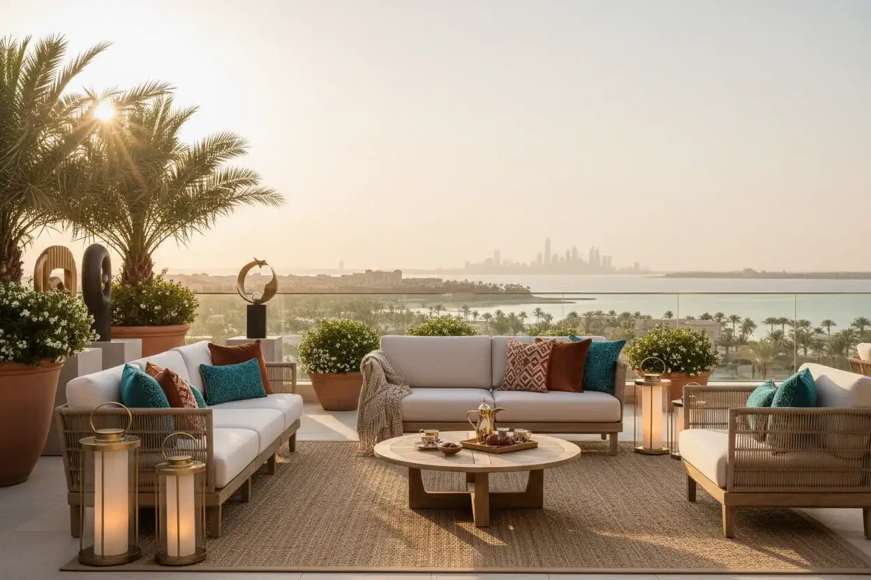 Modern outdoor sofa set and lounge chairs on a terrace at The Outdoor Furniture Market