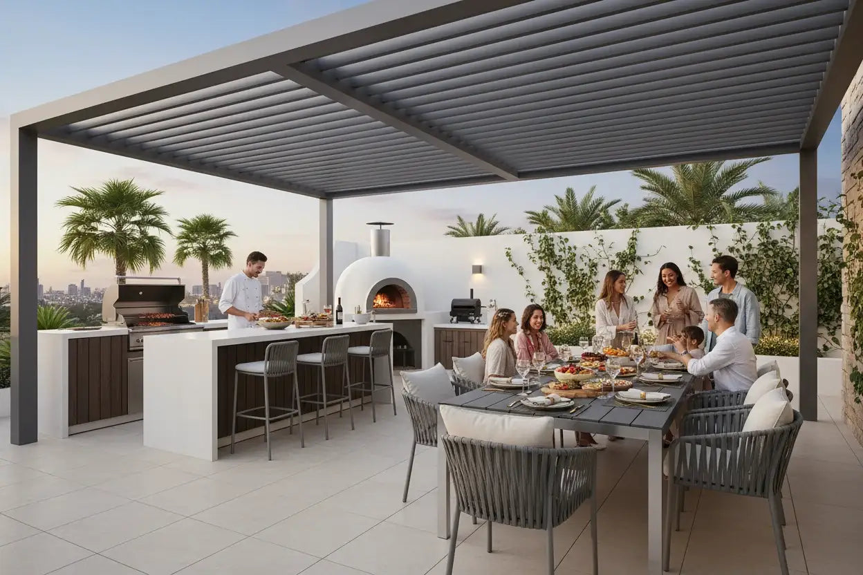 Modern outdoor dining set and patio pergola for entertaining at The Outdoor Furniture Market.