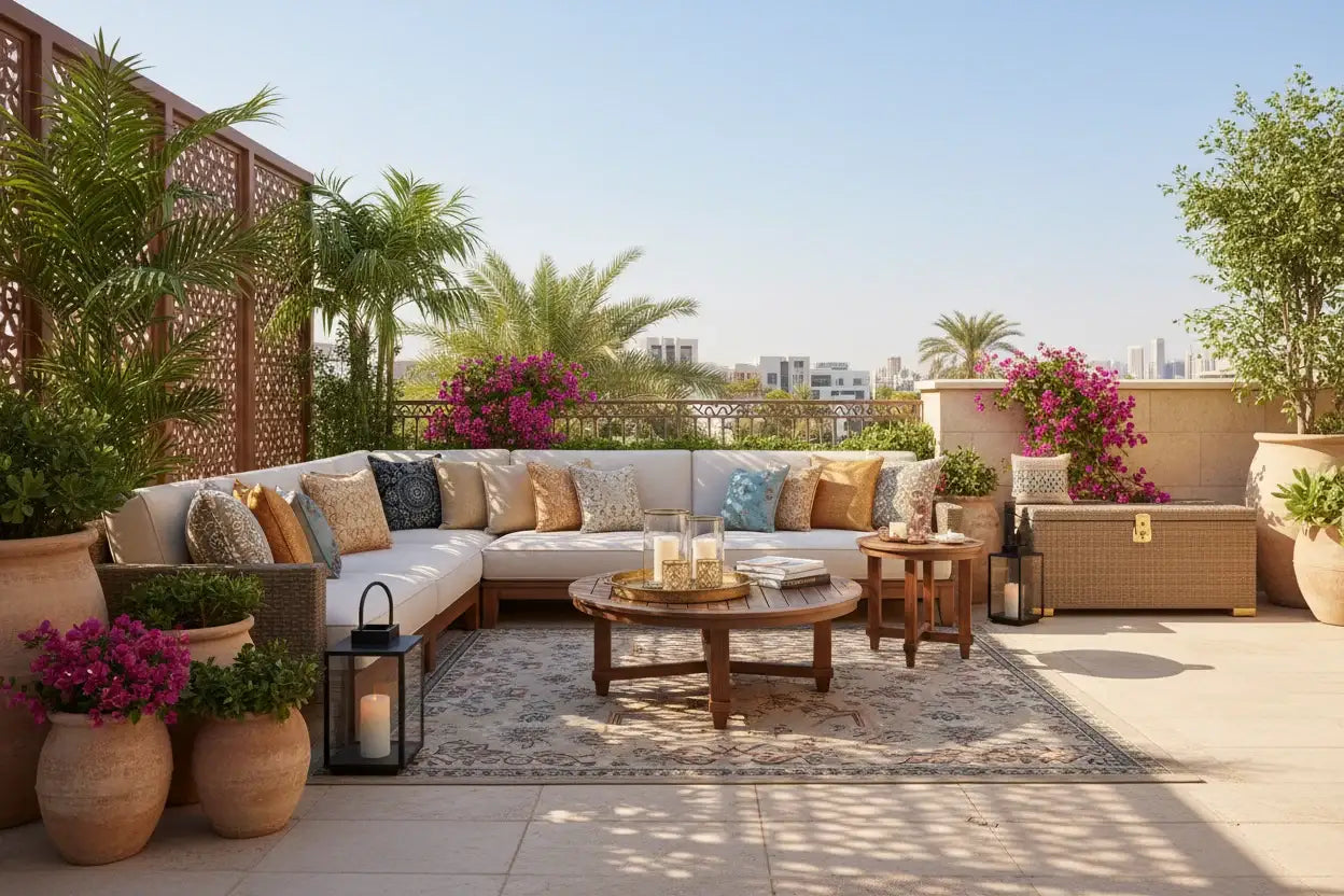 Modern outdoor sectional sofa and wooden coffee table on a luxury patio at The Outdoor Furniture Market