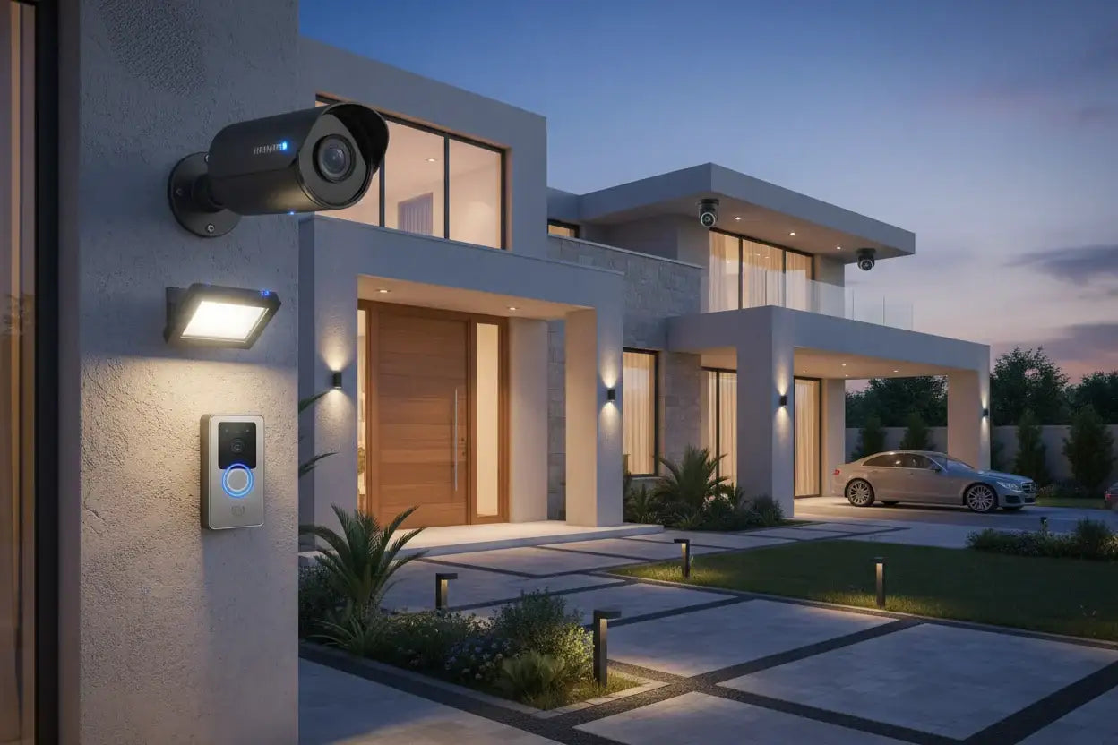 Smart home security camera and video doorbell installed on a modern house by The Outdoor Furniture Market.