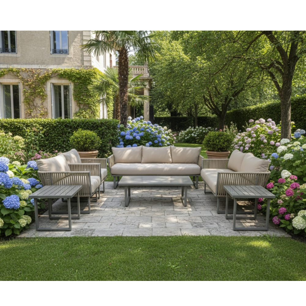 7-seater outdoor aluminum lounge set by Casa Fiora with plush seating and a modern design, perfect for patios and gardens.