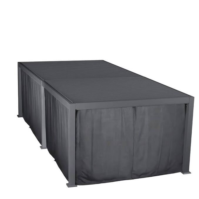 Aluminium louvered pergola with adjustable roof and curtains, available in 3x3m, 3x4m, and 3x6m sizes, outdoor gazebo structure