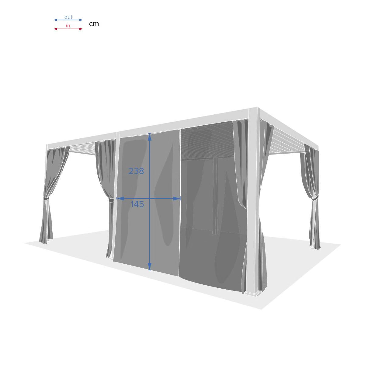 Aluminium louvered pergola with adjustable roof and curtains, available in 3x3m, 3x4m, and 3x6m sizes for outdoor seating