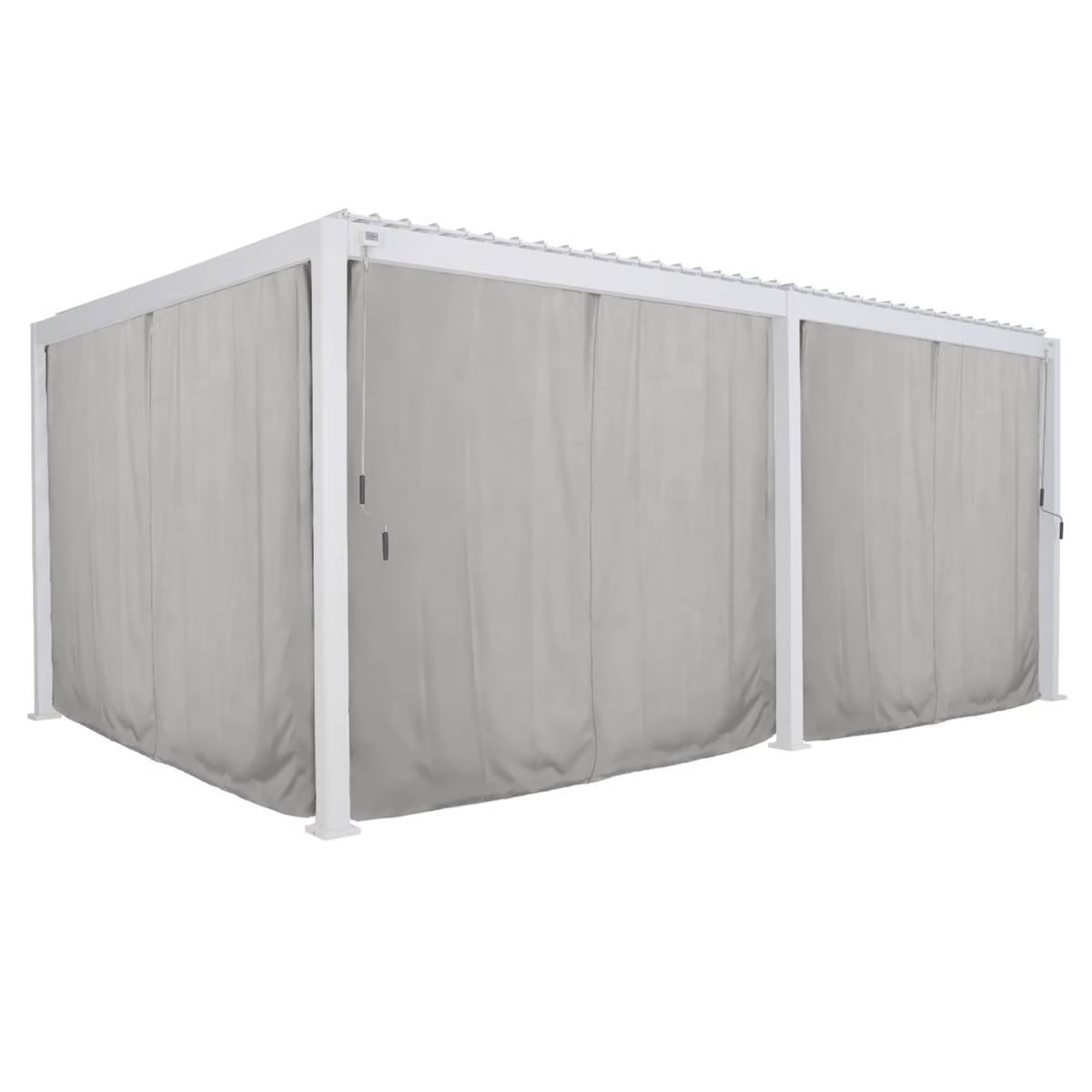 Aluminium louvered pergola with adjustable roof and curtains, available in 3x3m, 3x4m, and 3x6m sizes, outdoor gazebo and pergola.