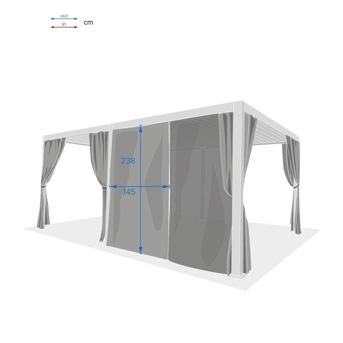 Aluminium louvered pergola with adjustable roof and curtains, available in 3x3m, 3x4m, and 3x6m sizes, outdoor gazebo setting