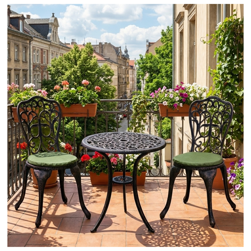 Casa Fiora brown cast aluminum balcony set featuring a table and chairs in an outdoor setting.