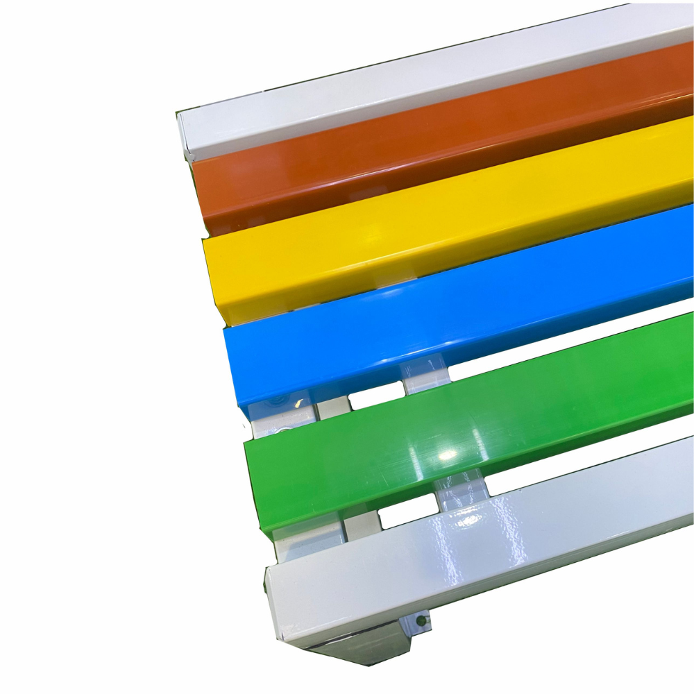 Multi-color wood bench by Casa Fiora, showcasing vibrant hues and a rustic design for outdoor seating.