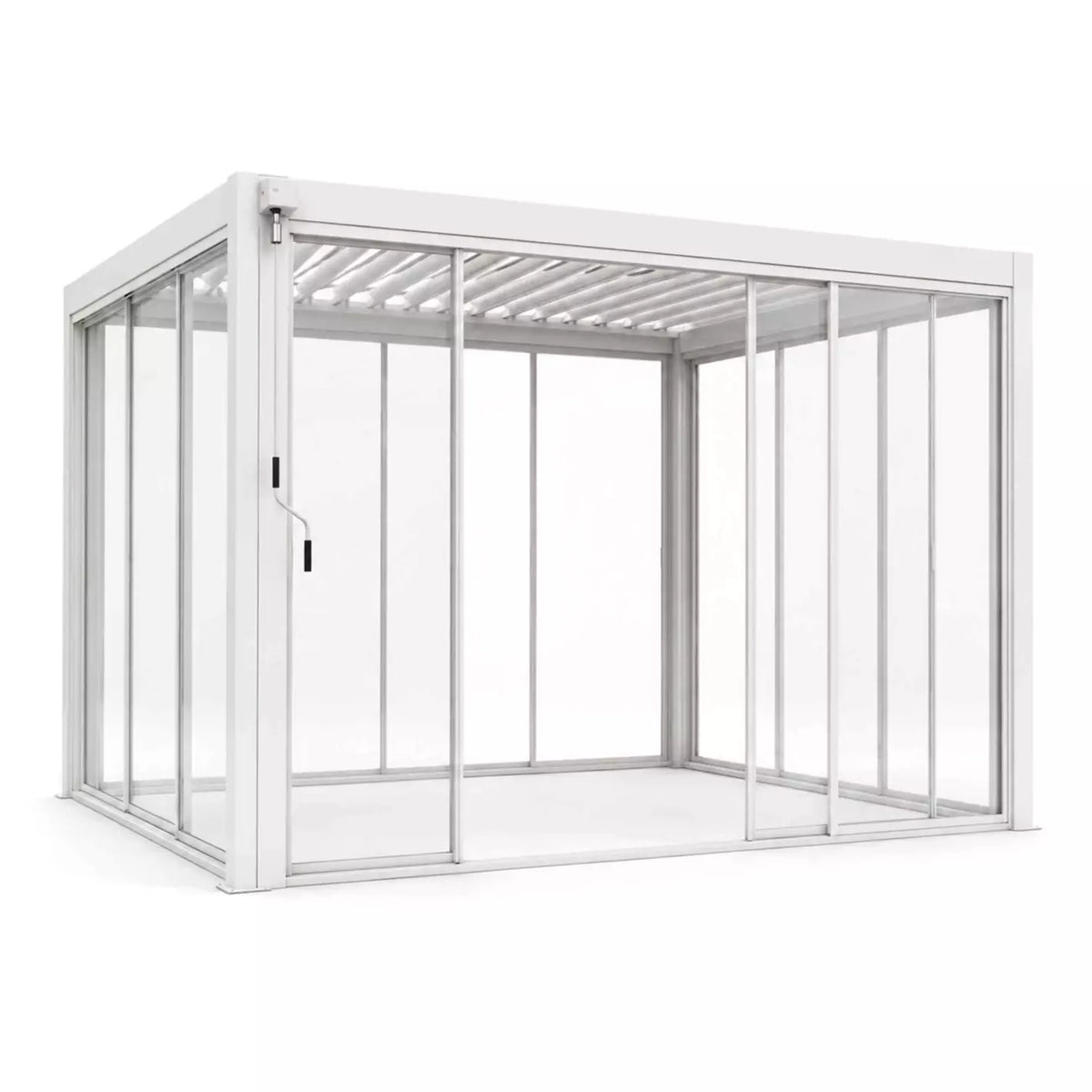 A modern white aluminum patio sunroom with glass panels, a door with a lock handle, and a slatted roof design, shown on a solid white background.