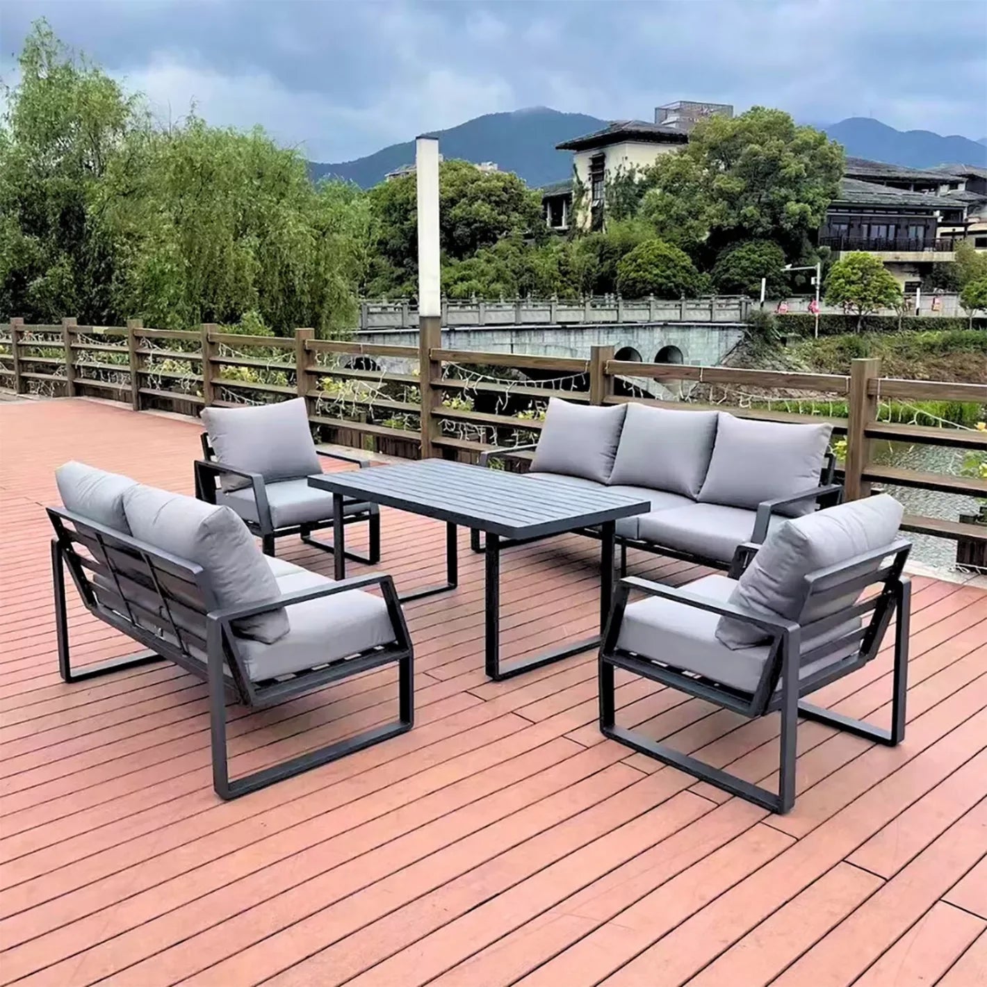 Casa Fiora 7 Seater Outdoor Garden Sofa with Black Aluminum Frame Plush Sponge Cushions and WeatherResistant Polyester Fabric - The Outdoor Furniture Market 