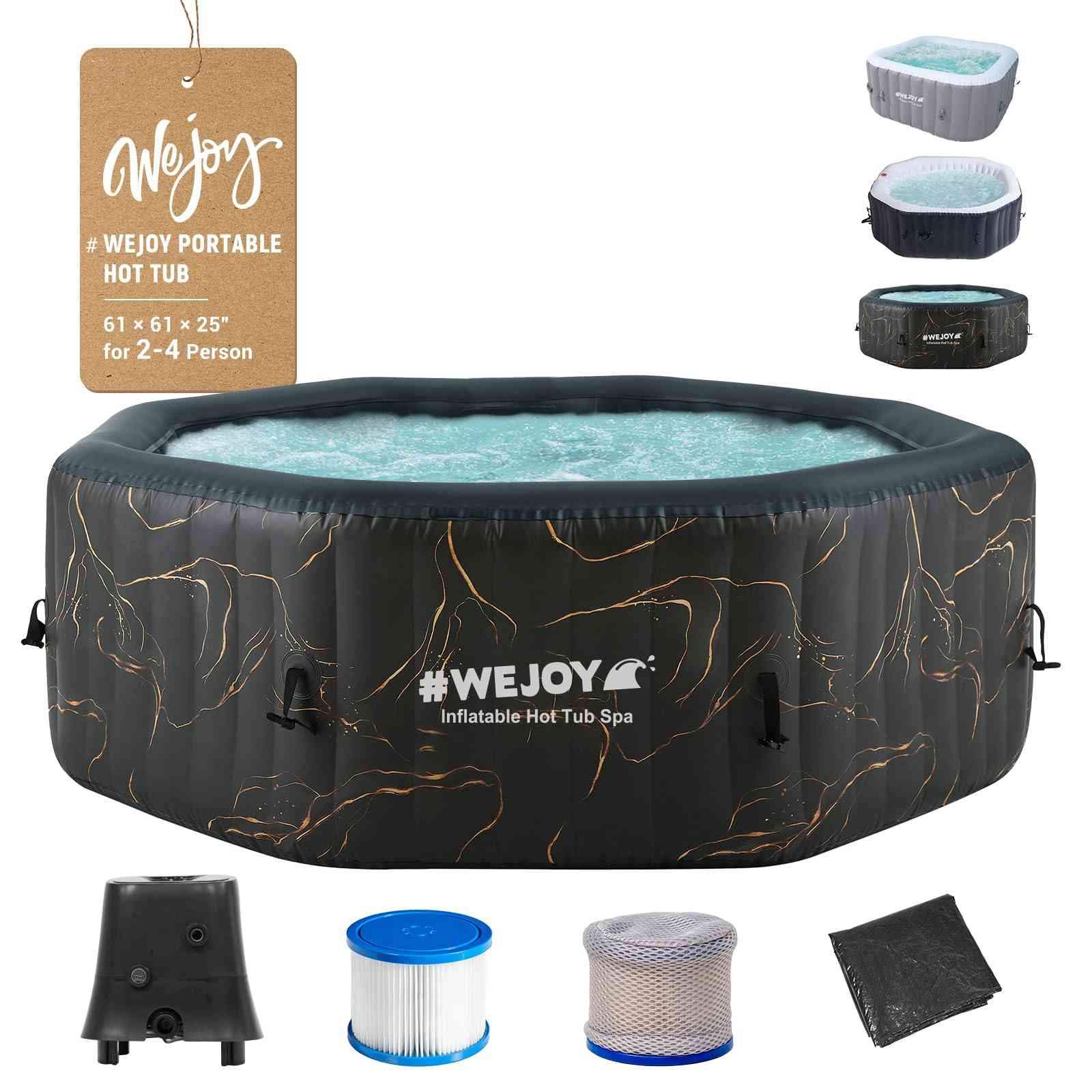 Black 6-person inflatable hot tub with 130 air jets from The Outdoor Furniture Market, featuring comfortable seating and relaxing bubbles.