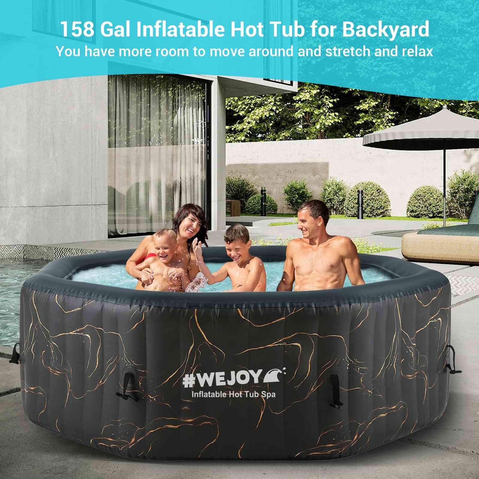 Black 6-person inflatable hot tub with 130 air jets from The Outdoor Furniture Market, featuring comfortable seating and relaxing bubbles.