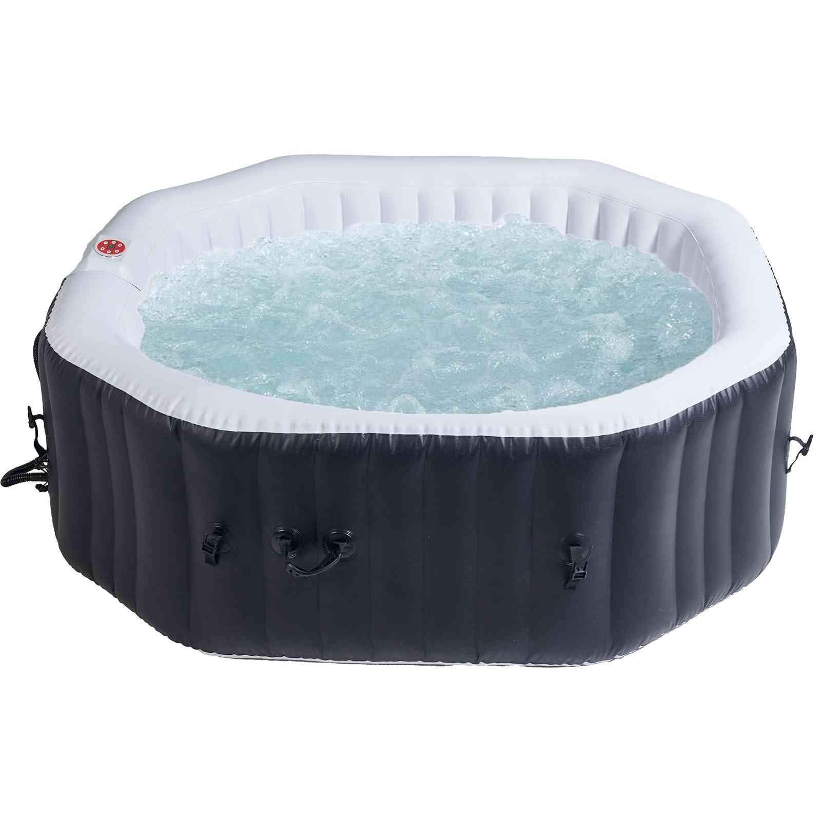 Black 6-person inflatable hot tub with 130 air jets, from The Outdoor Furniture Market, showcasing the spacious, relaxing hot tub interior.