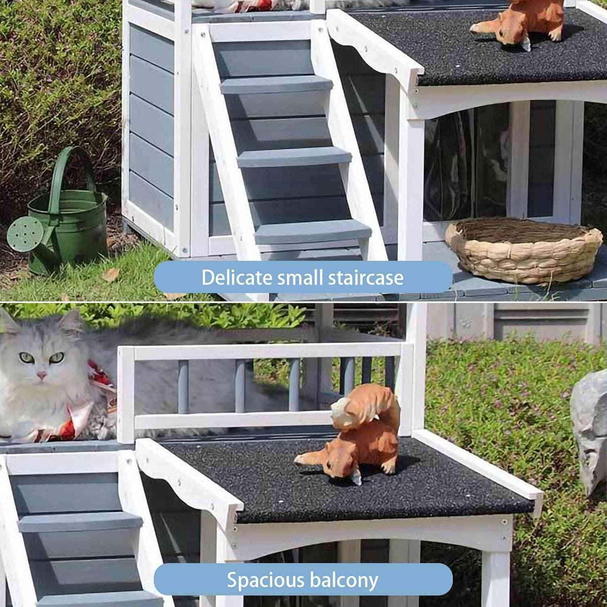Outdoor Cat House, Outdoor dog House,2 Story Outdoor Houses for Feral Cats,Wooden Outside Cat Shelter ，Weatherproof Shelter，Cat Cottage with Steps, Removable.