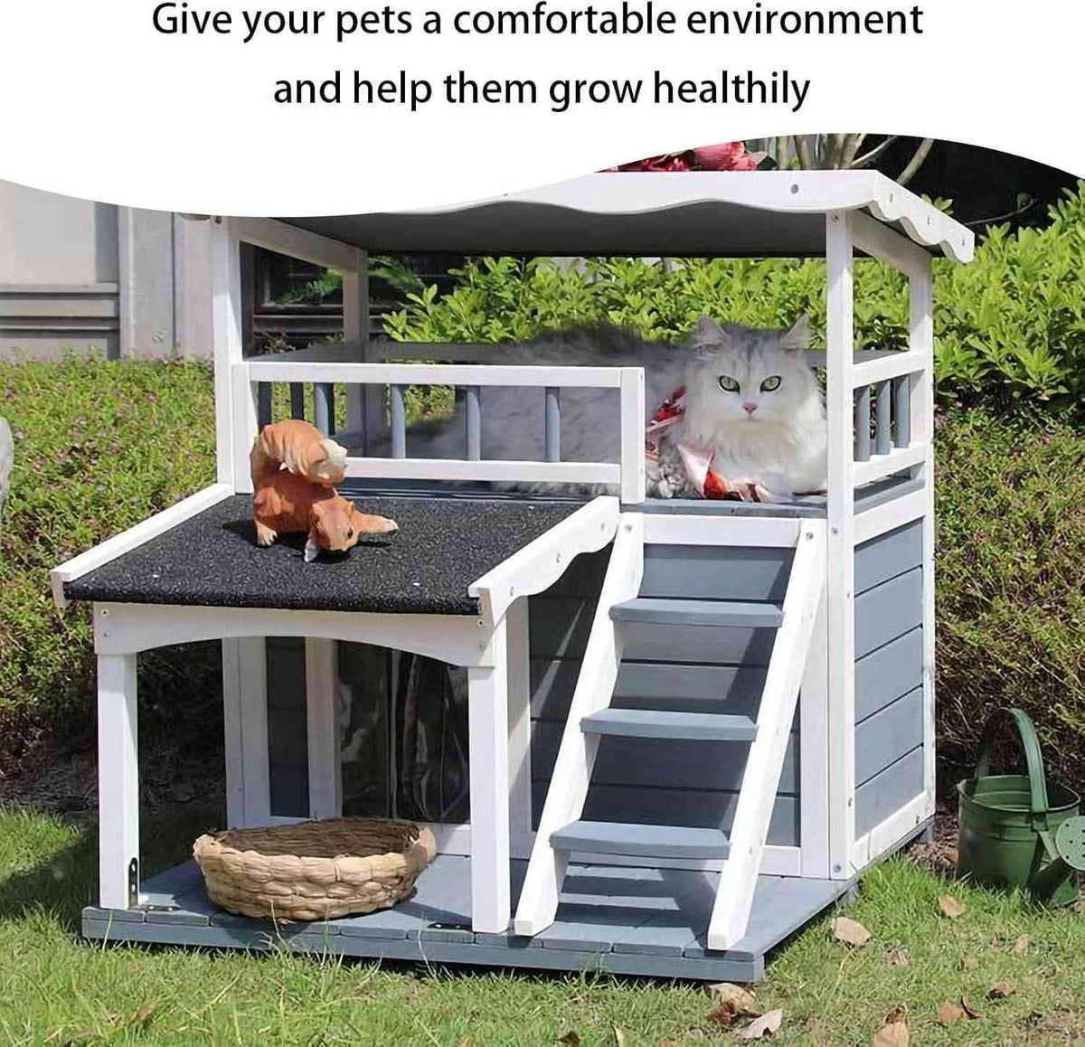 Outdoor Cat House, Outdoor dog House,2 Story Outdoor Houses for Feral Cats,Wooden Outside Cat Shelter ，Weatherproof Shelter，Cat Cottage with Steps, Removable.