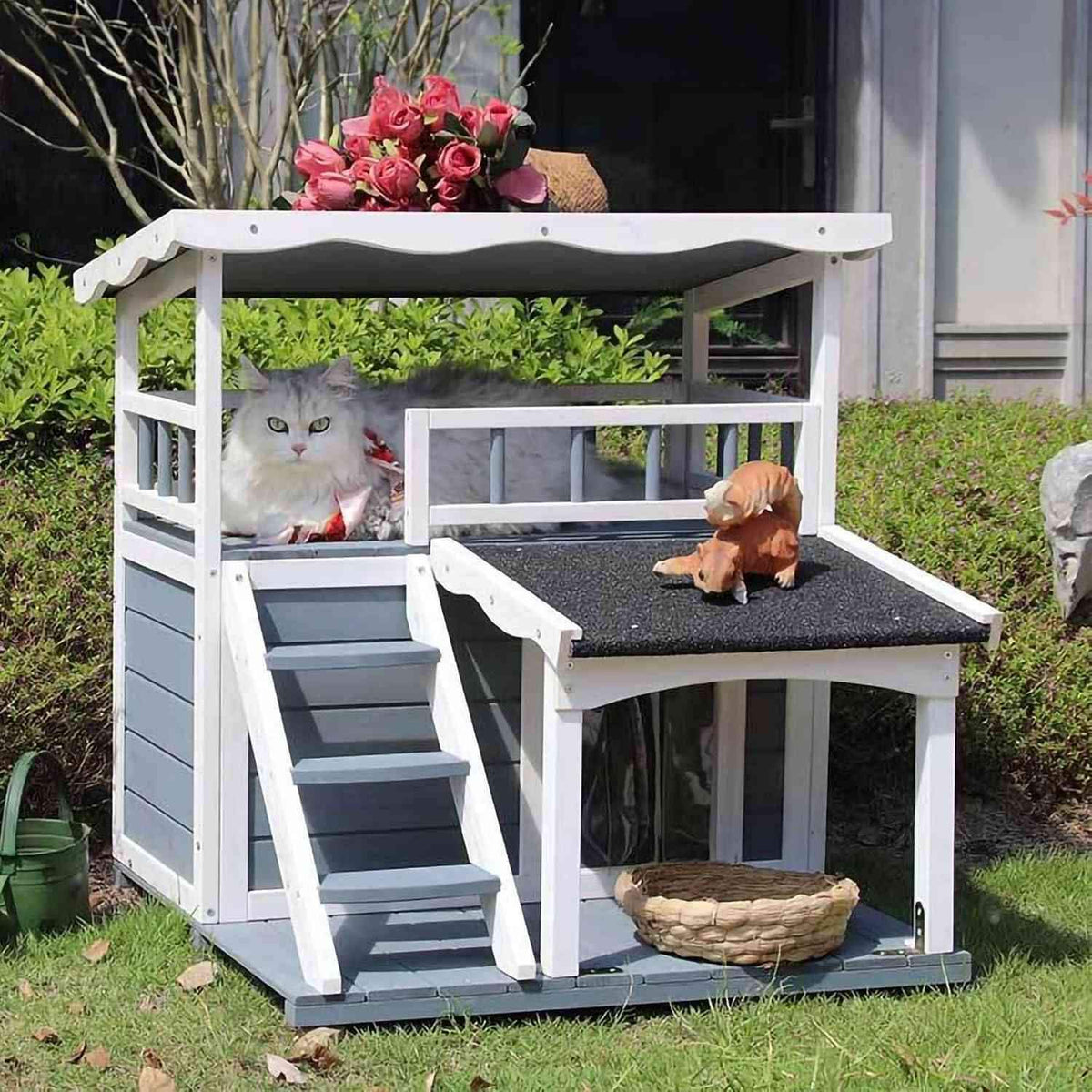 Outdoor Cat House, Outdoor dog House,2 Story Outdoor Houses for Feral Cats,Wooden Outside Cat Shelter ，Weatherproof Shelter，Cat Cottage with Steps, Removable.