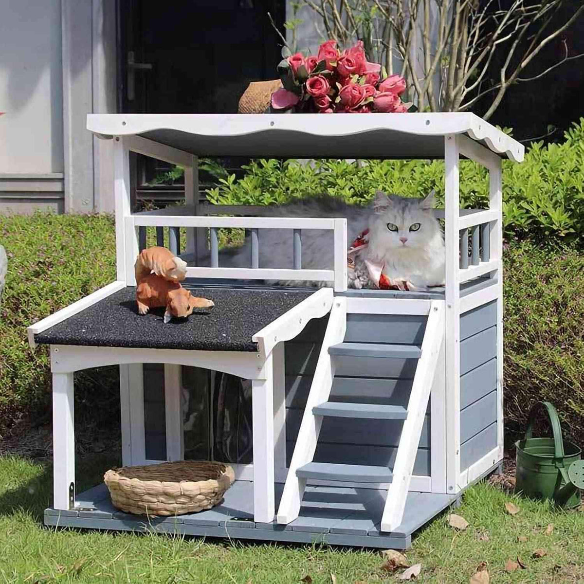 Outdoor Cat House, Outdoor dog House,2 Story Outdoor Houses for Feral Cats,Wooden Outside Cat Shelter ，Weatherproof Shelter，Cat Cottage with Steps, Removable.
