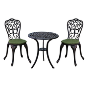 Cast aluminum brown balcony set by Casa Fiora, featuring a table and two matching chairs in an outdoor setting.