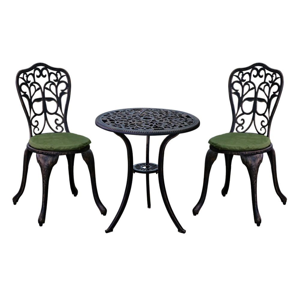 Cast aluminum brown balcony set by Casa Fiora, featuring a table and two matching chairs in an outdoor setting.