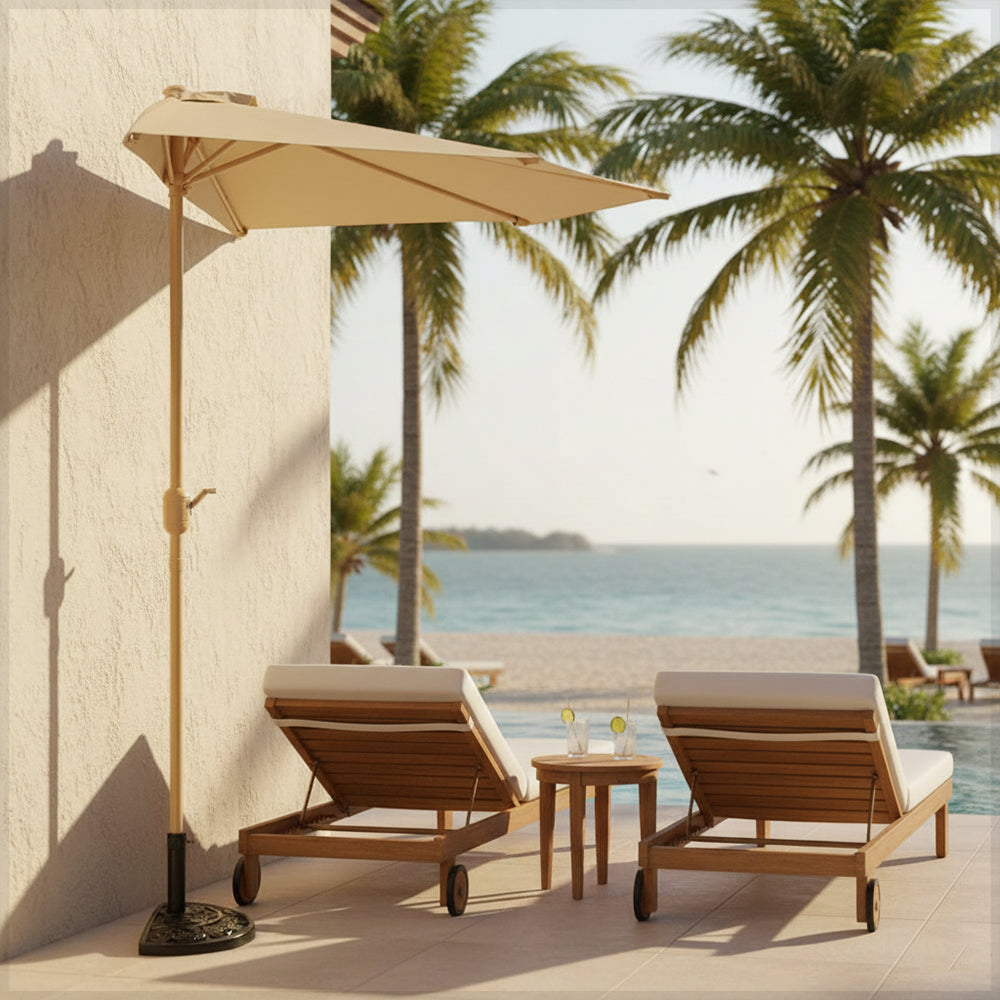 Half Wall Umbrella with Base & Tassels | 270cm | Cream & Khaki