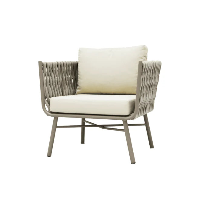 Casa Fiora single seater sofa with woven rope design and durable aluminum frame, ideal for modern outdoor or indoor seating.