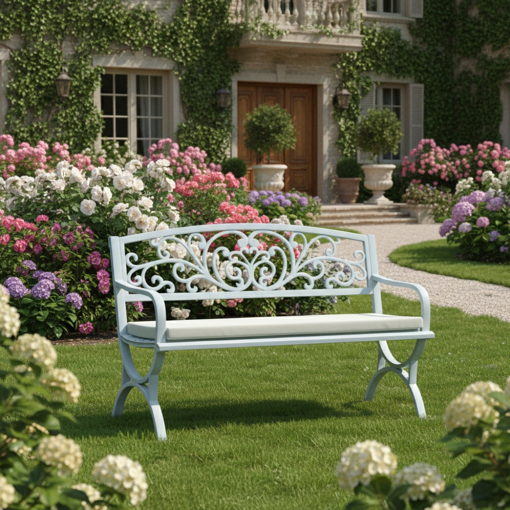 White steel bench by Casa Fiora, featuring a sleek modern design for outdoor seating in a garden or patio setting.