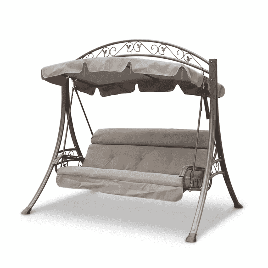 Three-seater outdoor swing with cushion by The Outdoor Furniture Market, featuring a sturdy frame and comfortable seating for outdoor relaxation.