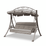 Three-seater outdoor swing with cushion by The Outdoor Furniture Market, featuring a sturdy frame and comfortable seating for outdoor relaxation.