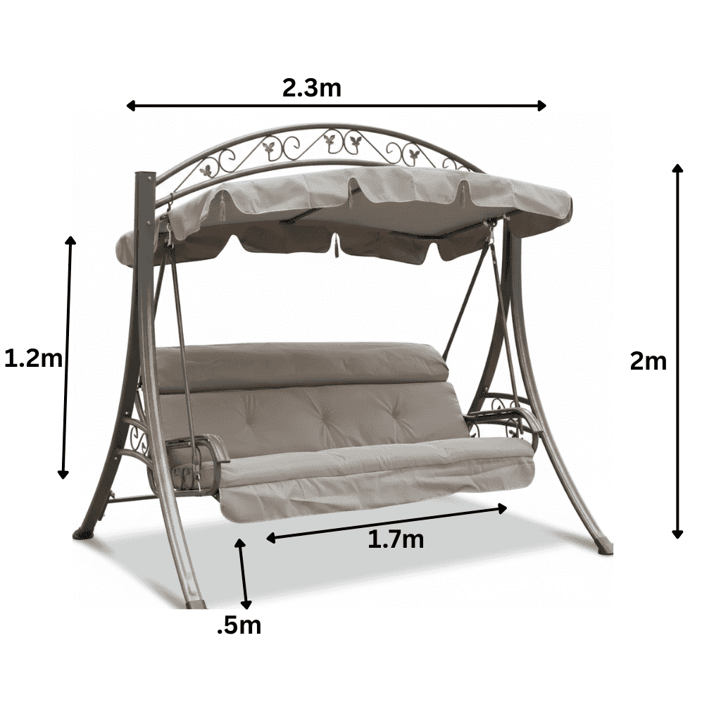 Three-seater outdoor swing with cushions from The Outdoor Furniture Market, featuring a sturdy frame and comfortable seating for outdoor relaxation.