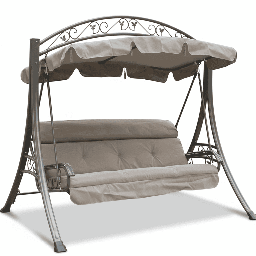 Three-seater outdoor swing with cushion from The Outdoor Furniture Market, featuring a sturdy frame and comfortable seating for outdoor relaxation.