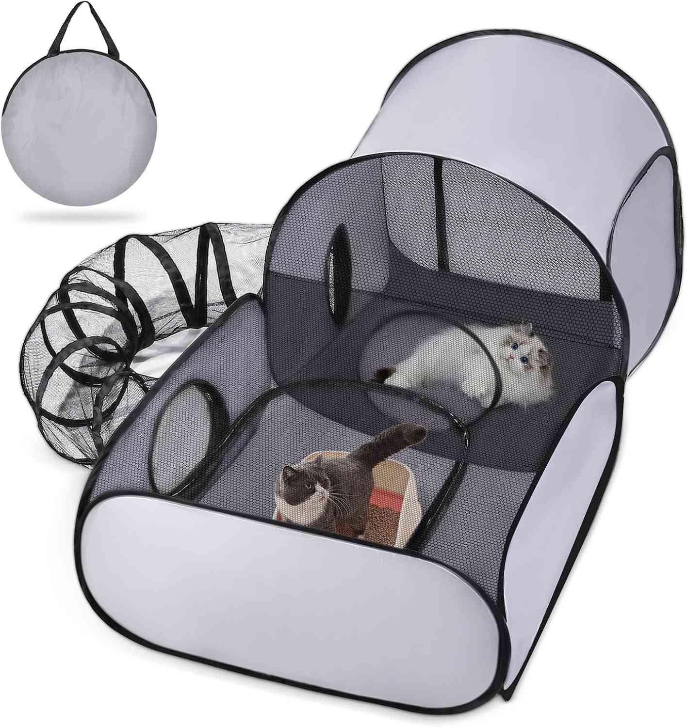 Dog Playpen with Surround Tunnel, Outdoor/Indoor Cat Playpen with Breathable Soft Sides，Tailtastic Cat Enclosure Tent for Small Animals, Portable Cat Tent with Carry Bag (Large)
