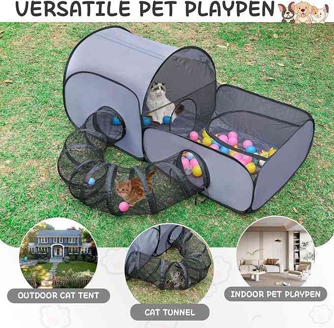 Portable 3-in-1 cat and dog playpen with tunnel by The Outdoor Furniture Market, ideal for indoor and outdoor pet play and containment.