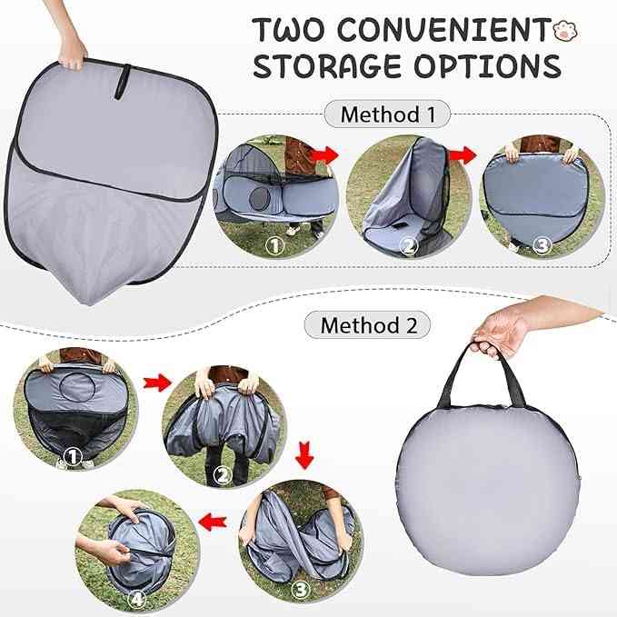 Portable 3-in-1 cat and dog playpen with tunnel, outdoor pet enclosure, made by The Outdoor Furniture Market, shows mesh sides and tunnel entry.