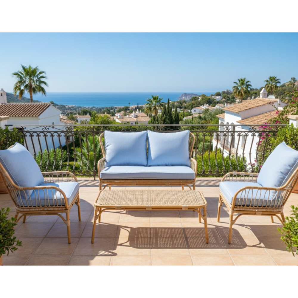 Casa Fiora 4-seater lounge set with blue cushions, featuring an aluminum and wood design for outdoor relaxation.