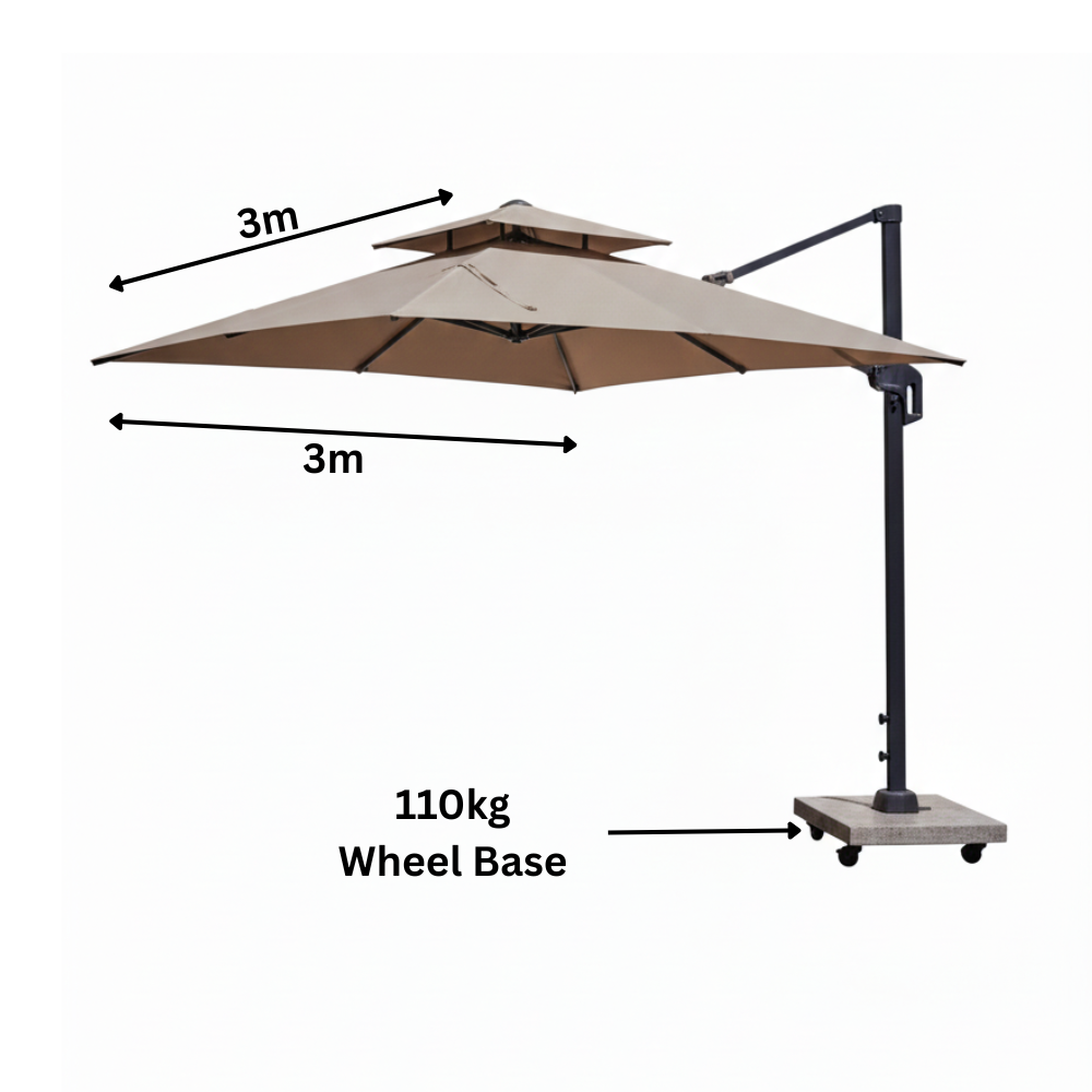 Casa Fiora 3m square cantilever umbrella with wheeled base, providing shade and easy mobility for outdoor patio areas.