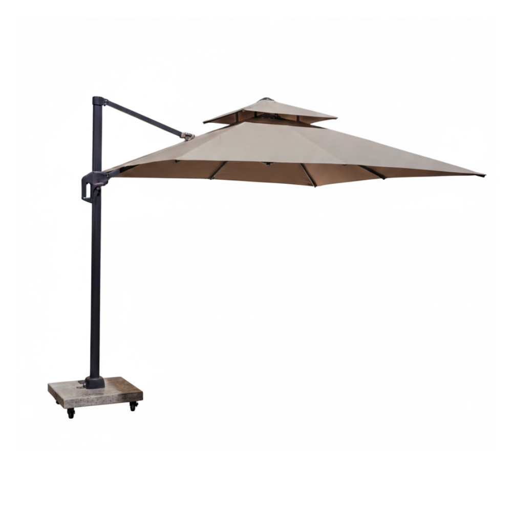 Casa Fiora 3m square cantilever umbrella with wheeled base, outdoor patio shade and sturdy metal frame.