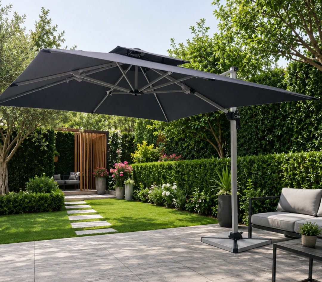 Large black cantilever patio umbrella on a stone terrace at The Outdoor Furniture Market