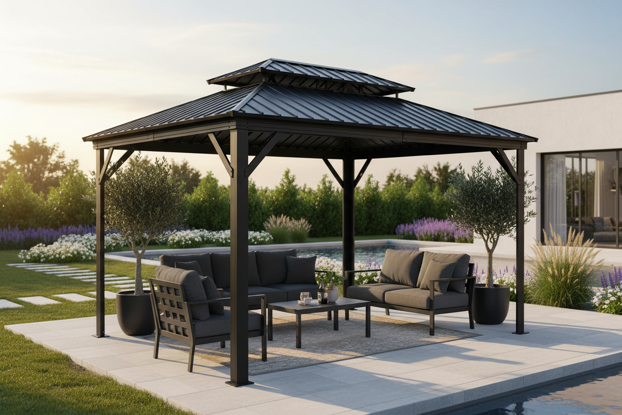 3x3m black aluminum gazebo with double roof on luxury villa patio