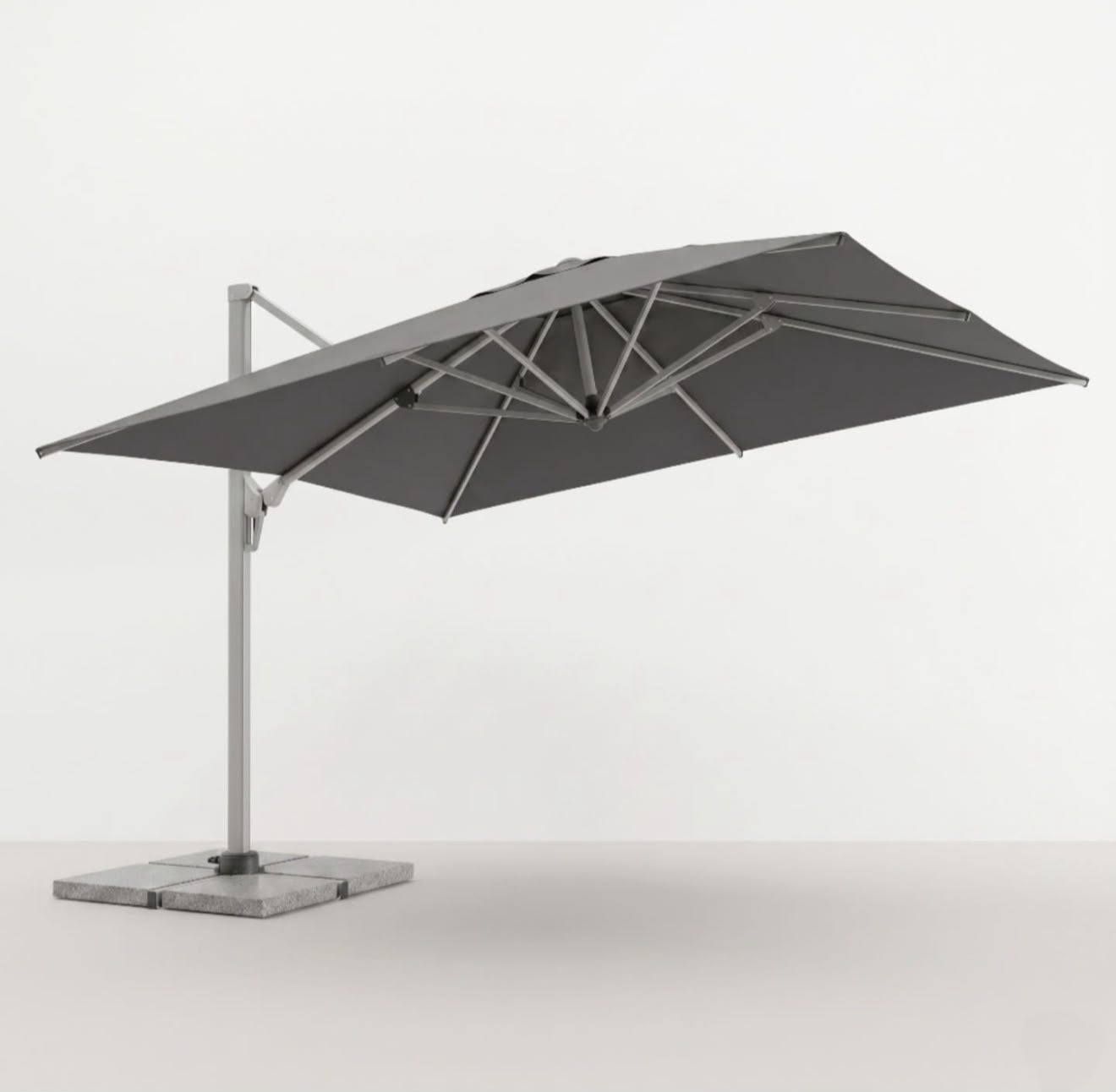 Large grey cantilever patio umbrella with heavy base from The Outdoor Furniture Market