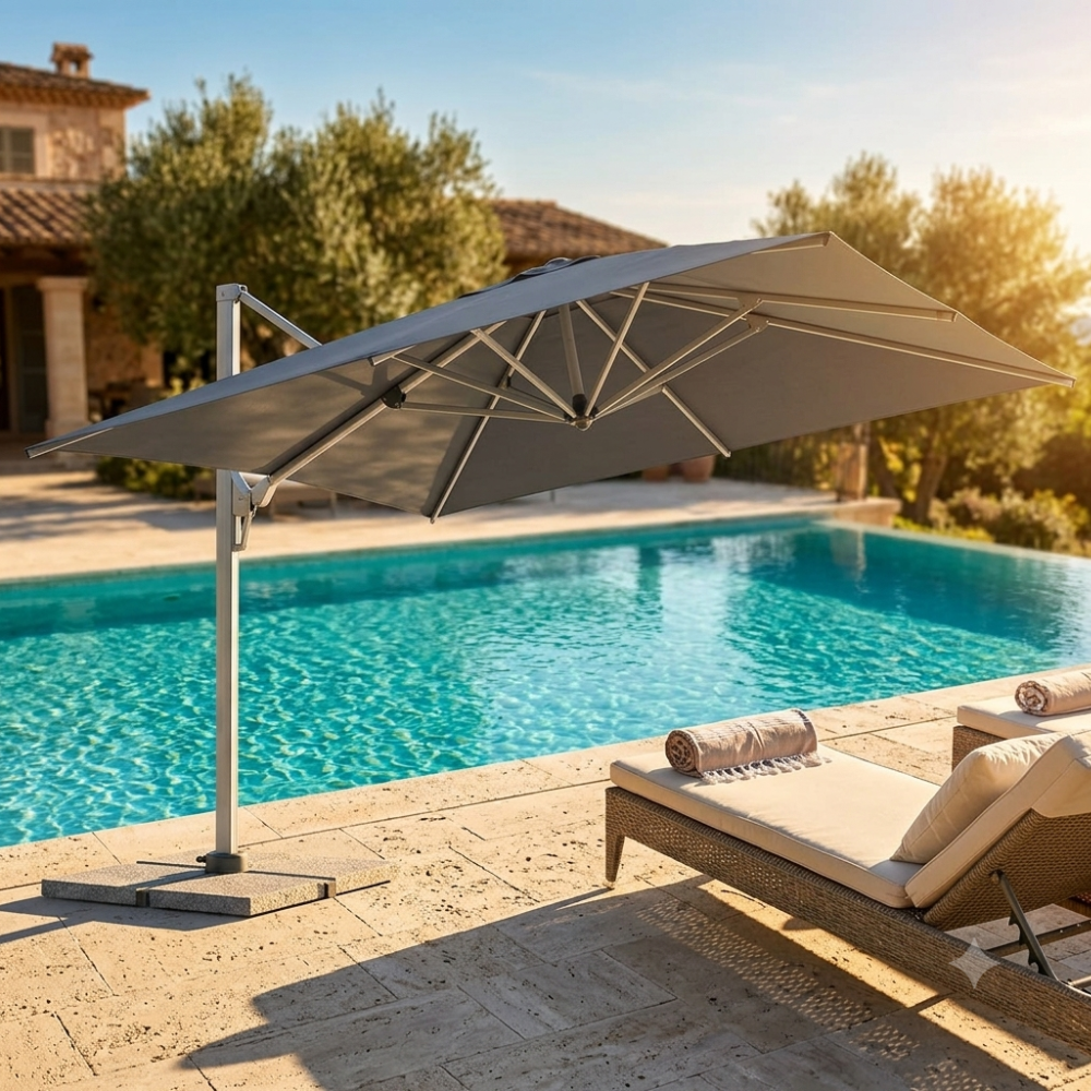 Large grey cantilever patio umbrella by The Outdoor Furniture Market poolside.