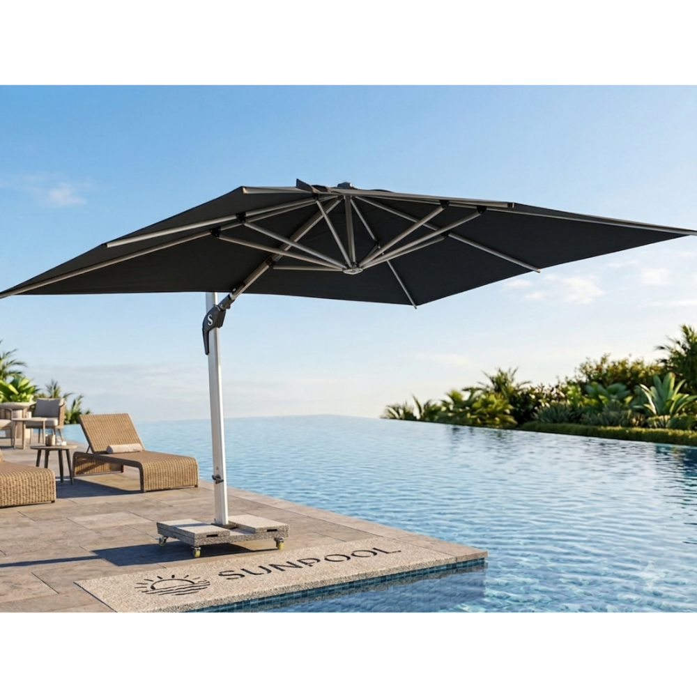 Large black cantilever patio umbrella by SUNPOOL at The Outdoor Furniture Market