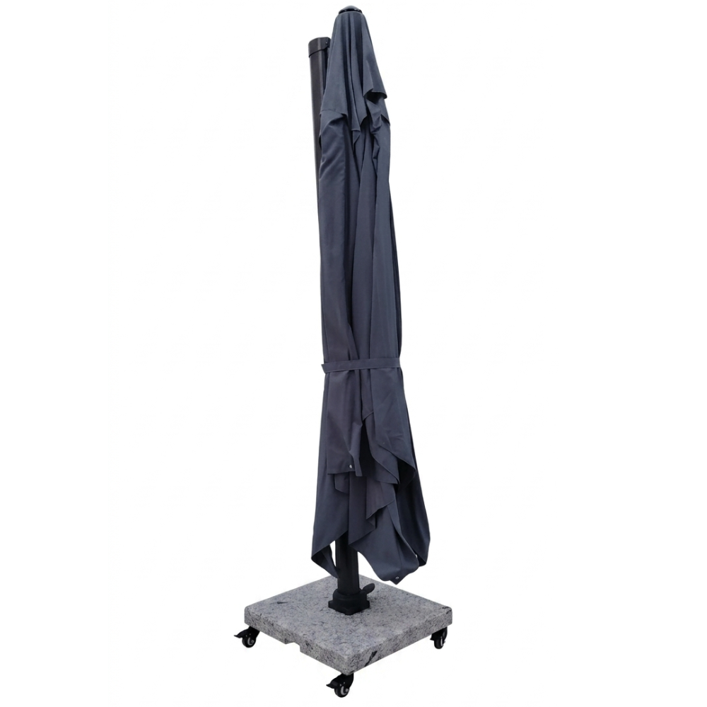 Closed dark grey patio umbrella with stone base on wheels at The Outdoor Furniture Market