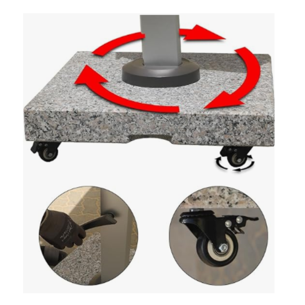 Granite patio umbrella base with swivel wheels and lockable casters from The Outdoor Furniture Market