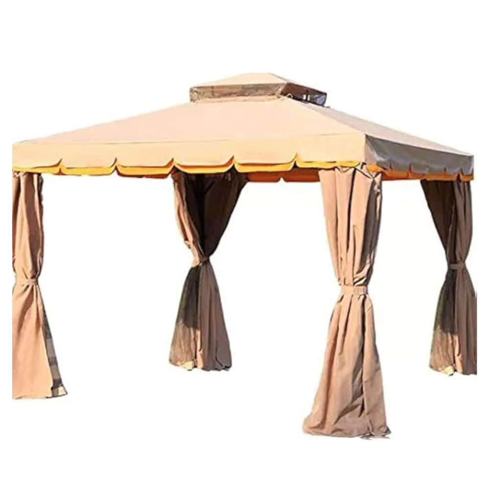 Tan outdoor gazebo with privacy curtains from The Outdoor Furniture Market