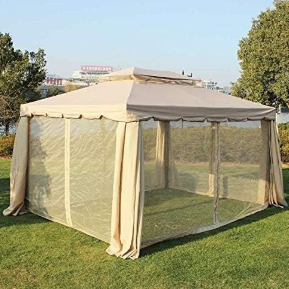 Large beige mesh screen gazebo for outdoor garden use at The Outdoor Furniture Market