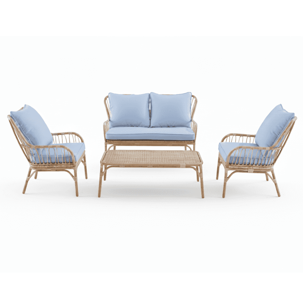 4 seater aluminium wood lounge set with blue cushions in a stylish outdoor setting.