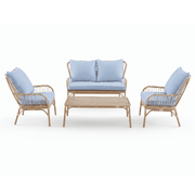 4 seater aluminium wood lounge set with blue cushions in a stylish outdoor setting.